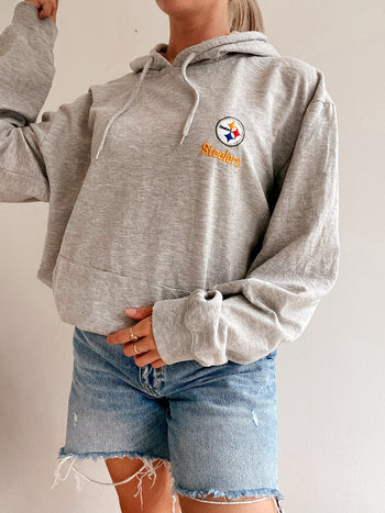 Pull oversized vintage à capuche gris en coton fin