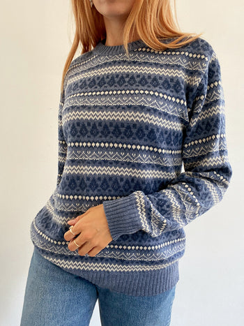 Dunkelblauer Wollpullover mit Vintage-Muster