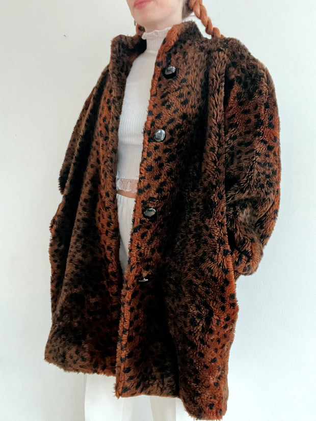 Manteau vintage brun en fausse fourrure animal M