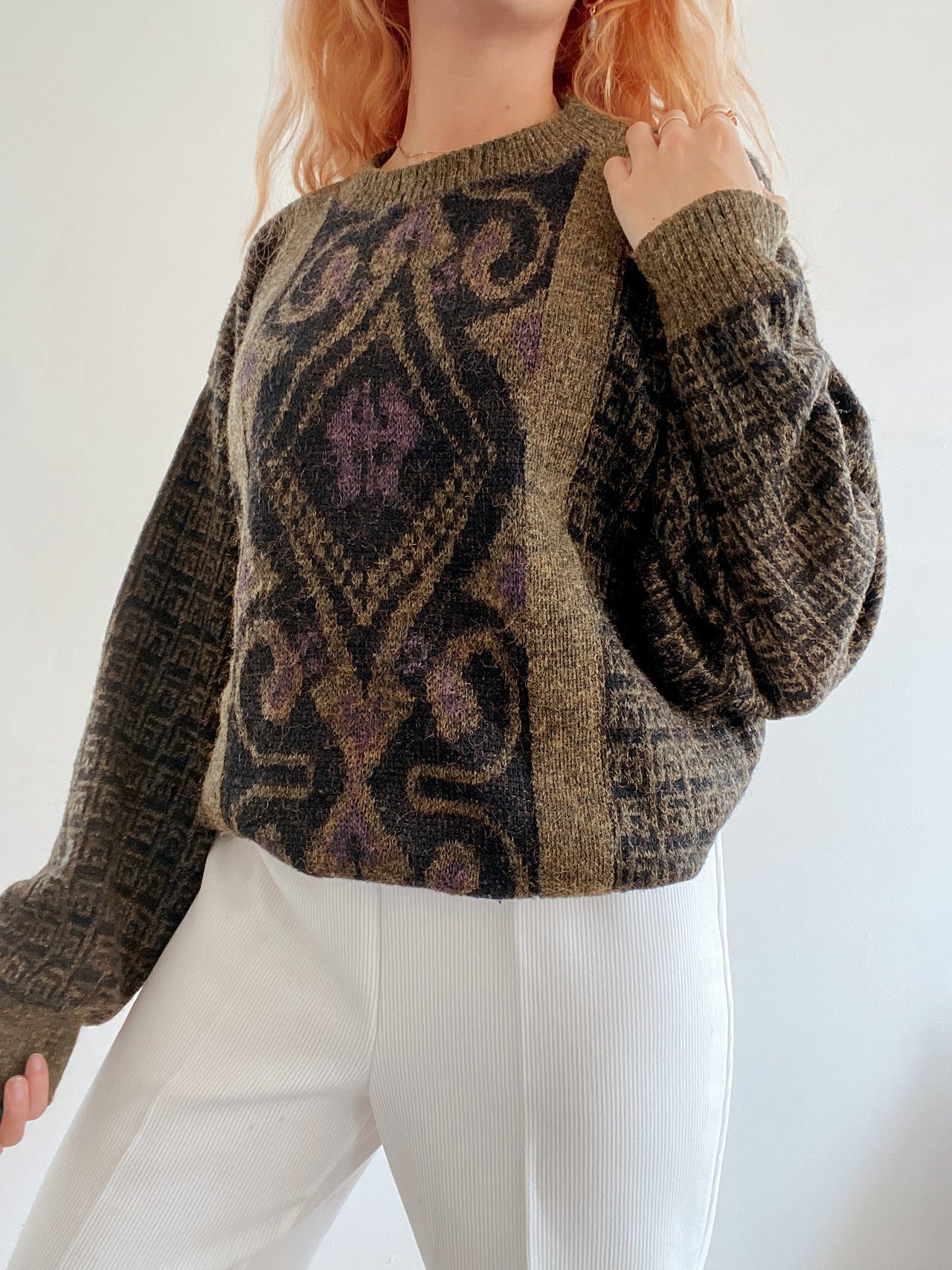 Pull vintage en laine khaki