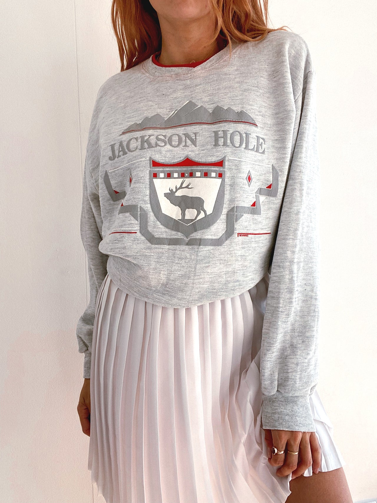 Pull vintage USA gris clair et rouge XL