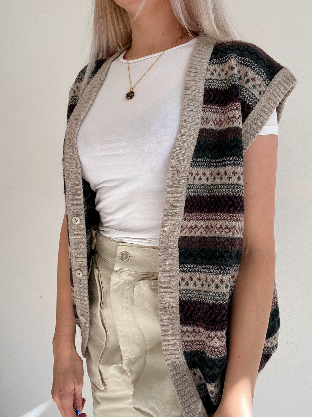 Gilet en laine à boutons beige et khaki  M