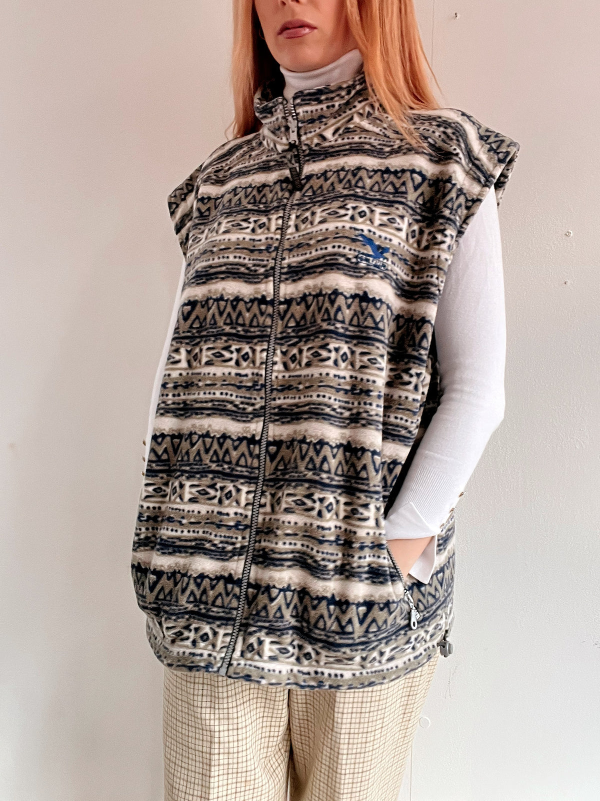 Gilet vintage sans manche polaire gris/beige XL