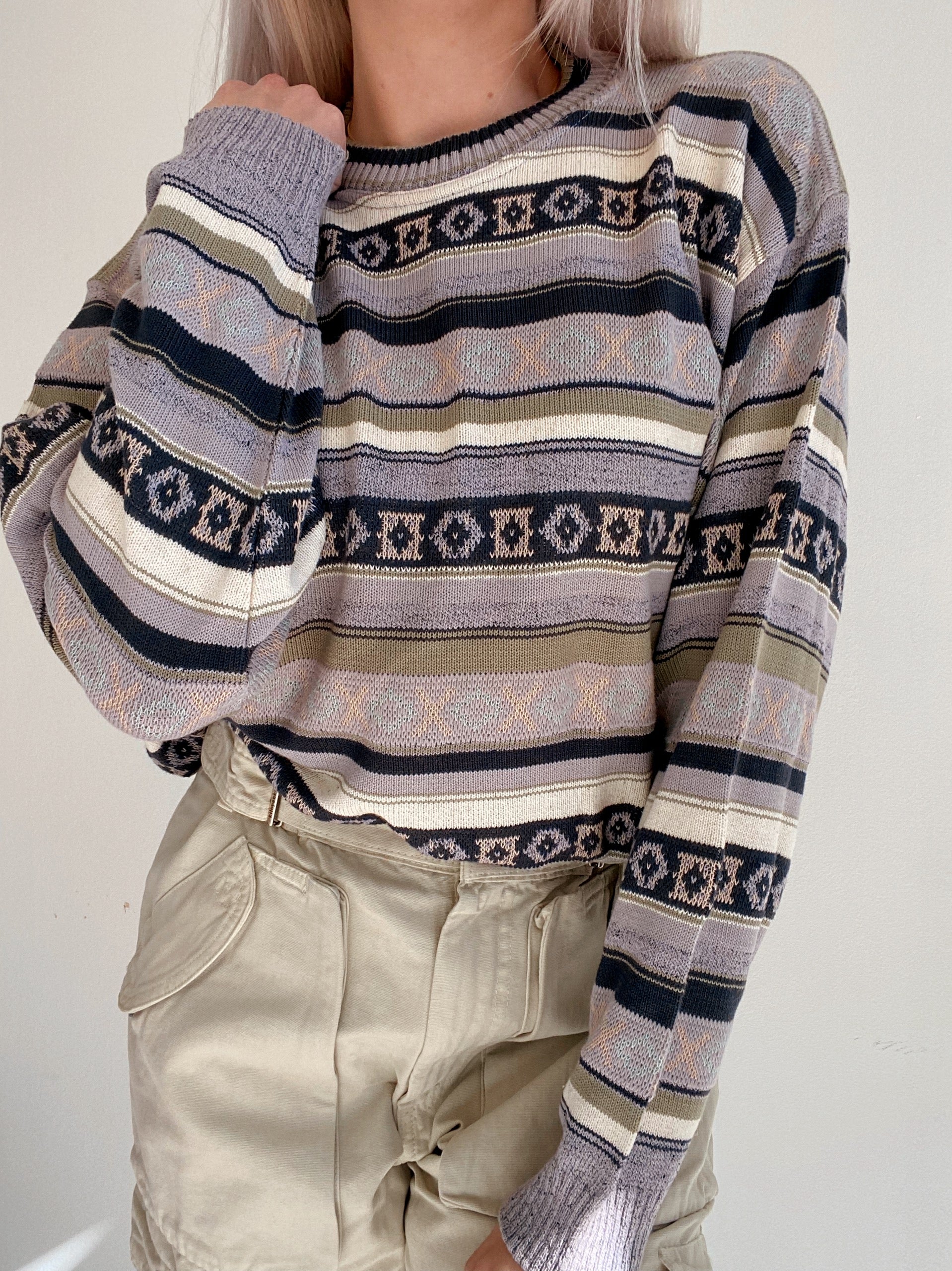 Vintage-Strickpullover in Lila und Khaki
