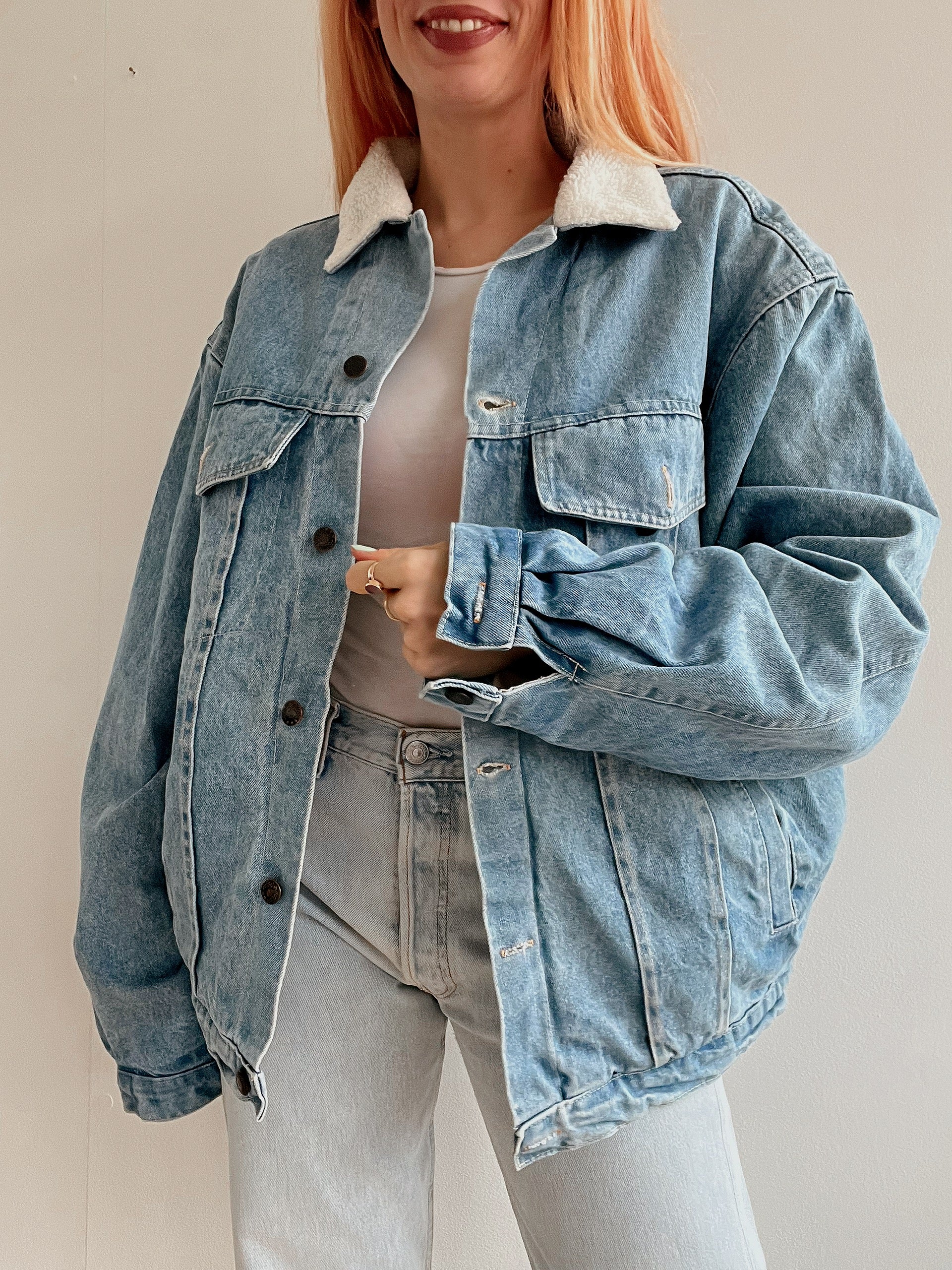 Veste en jeans vintage bleue claire  avec intérieur mouton XL