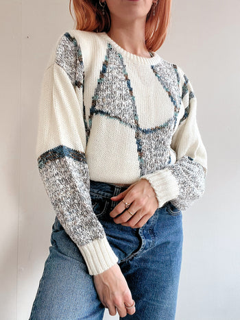 Pull vintage en maille  blanc cassé M