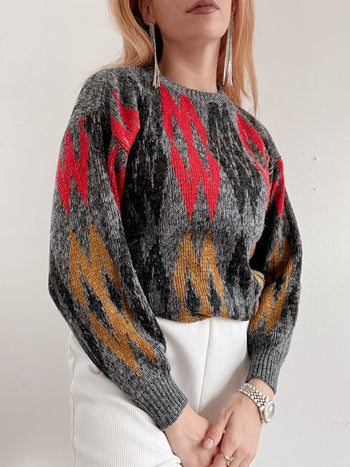 Pull vintage en laine gris et rouge M