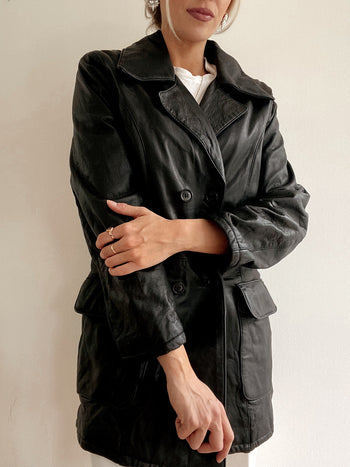 Manteau avec double boutonnage en cuir noir M/L