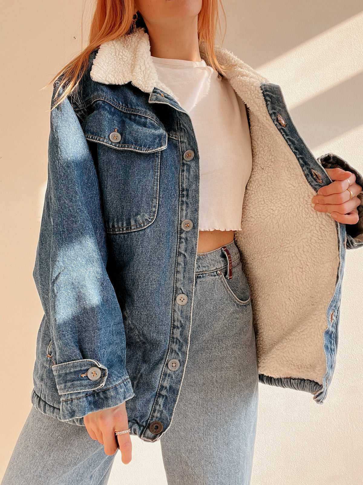 Veste en jeans vintage bleue intérieur mouton L