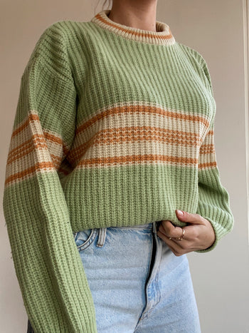 Pull vintage en maille vert et orange