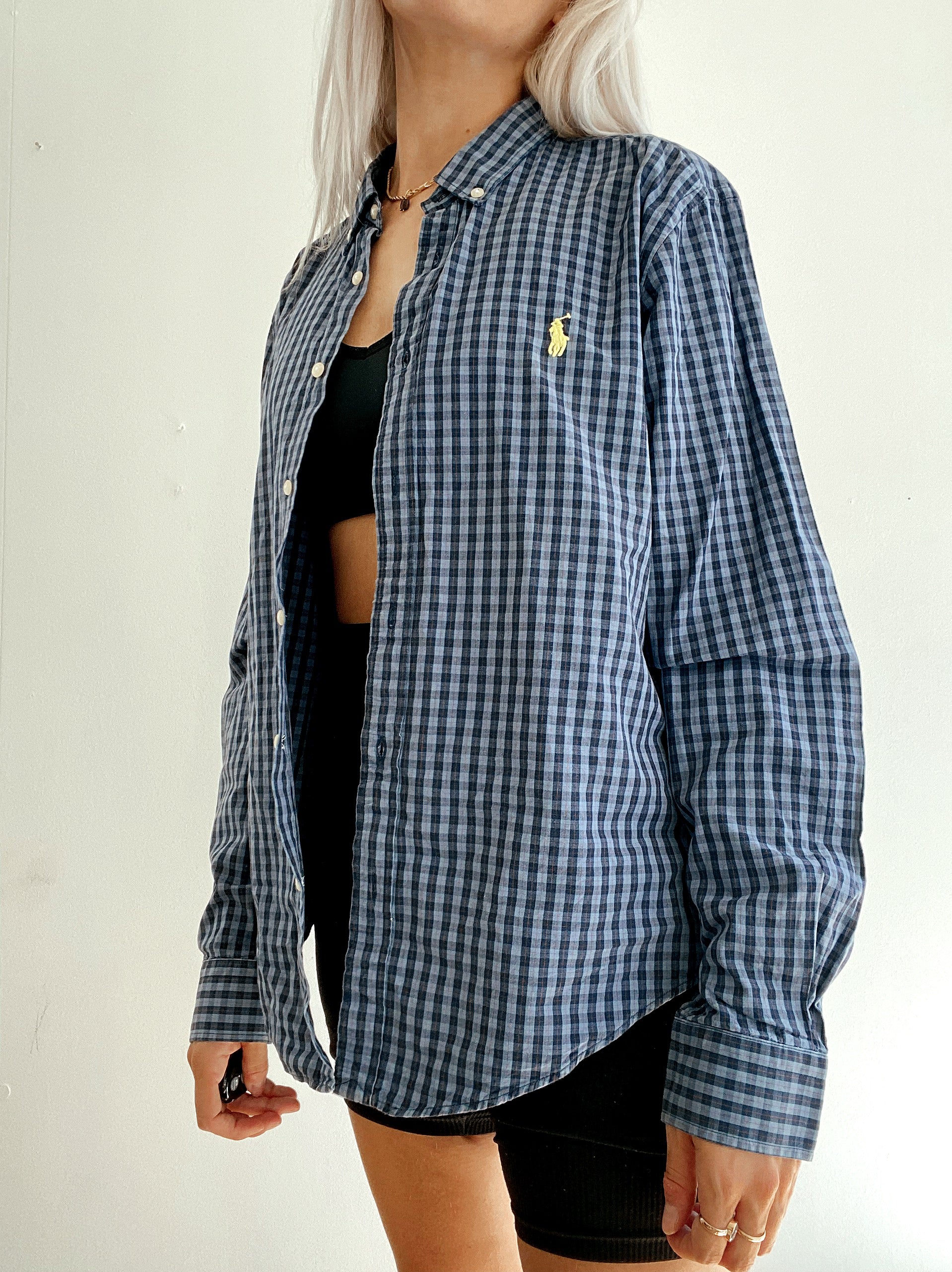 Chemise vintage Ralph Lauren à carreaux bleus / logo jaune XL