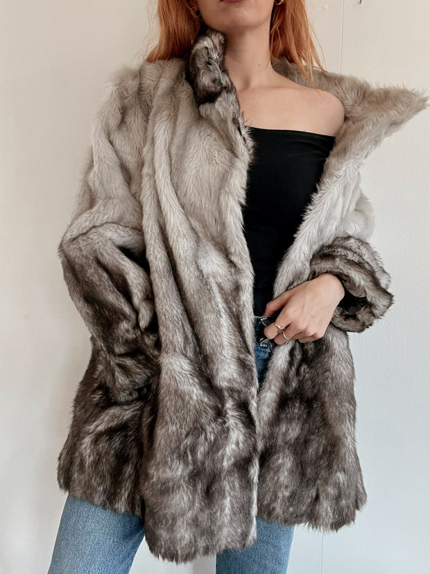 Veste vintage grise en fausse fourrure yéti M
