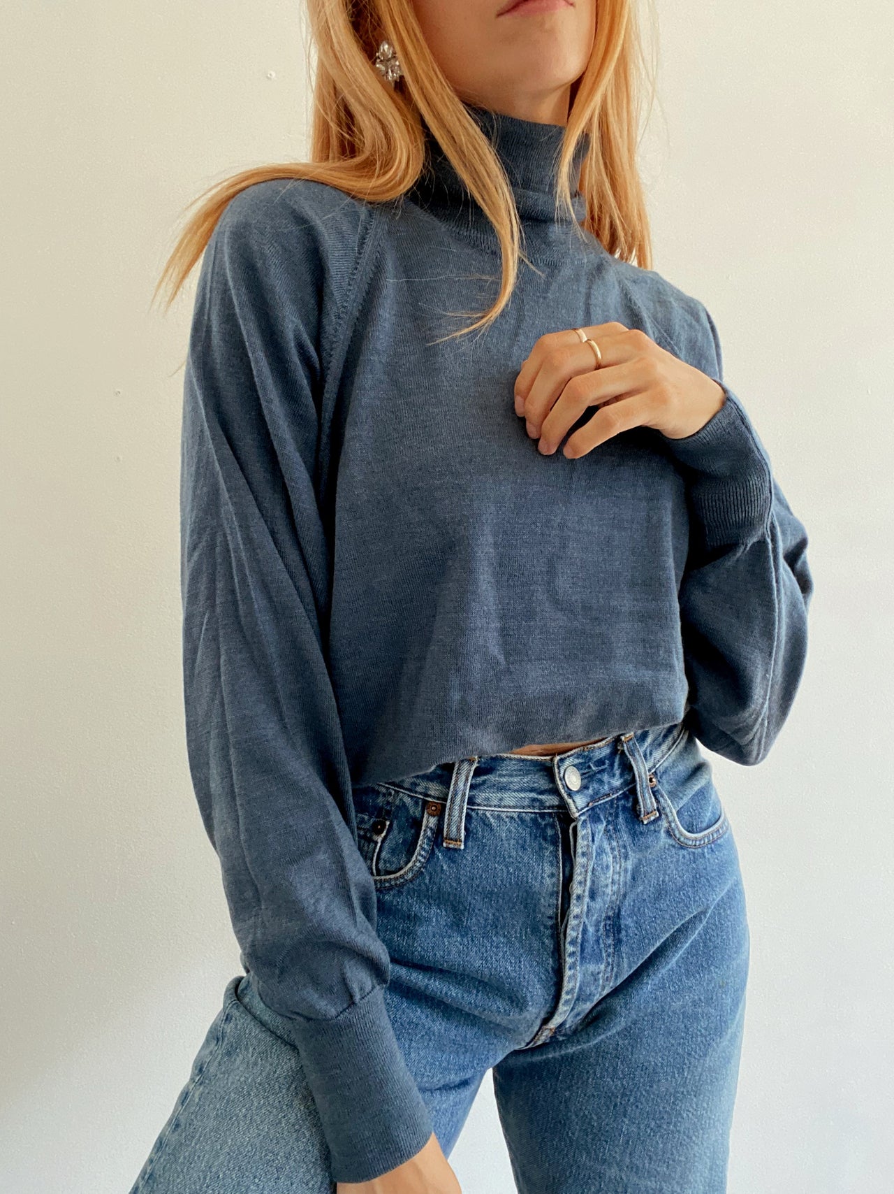 Pull vintage en maille bleu  M/L