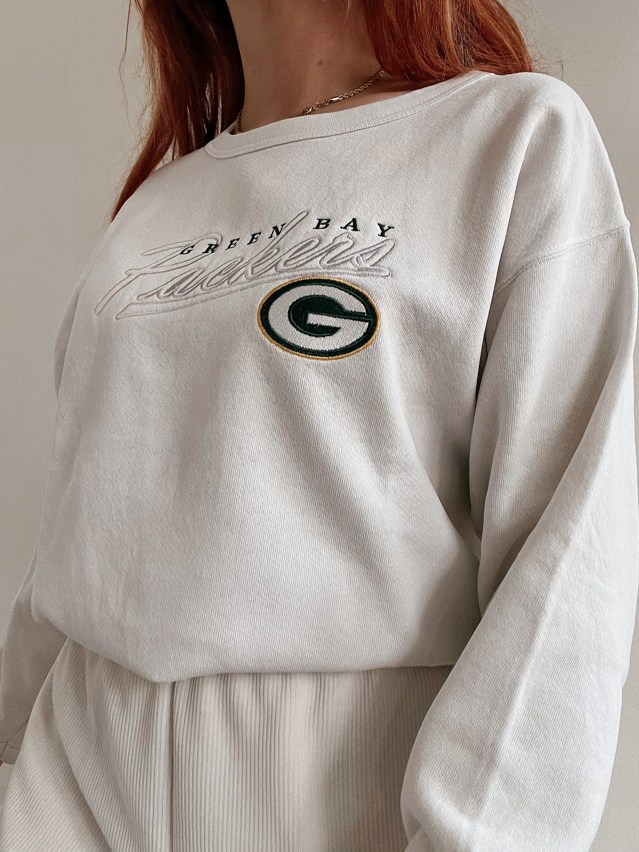 Pull vintage américain blanc brodé Green Bay Lee L