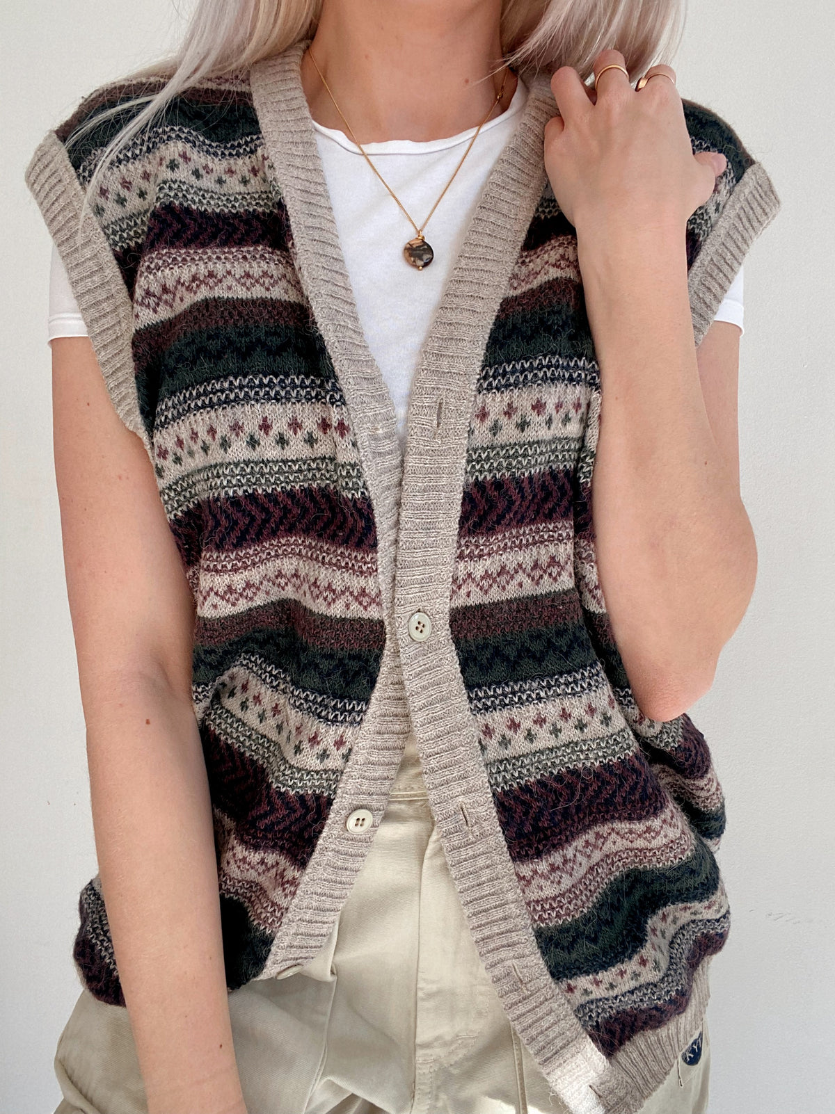 Gilet en laine à boutons beige et khaki  M