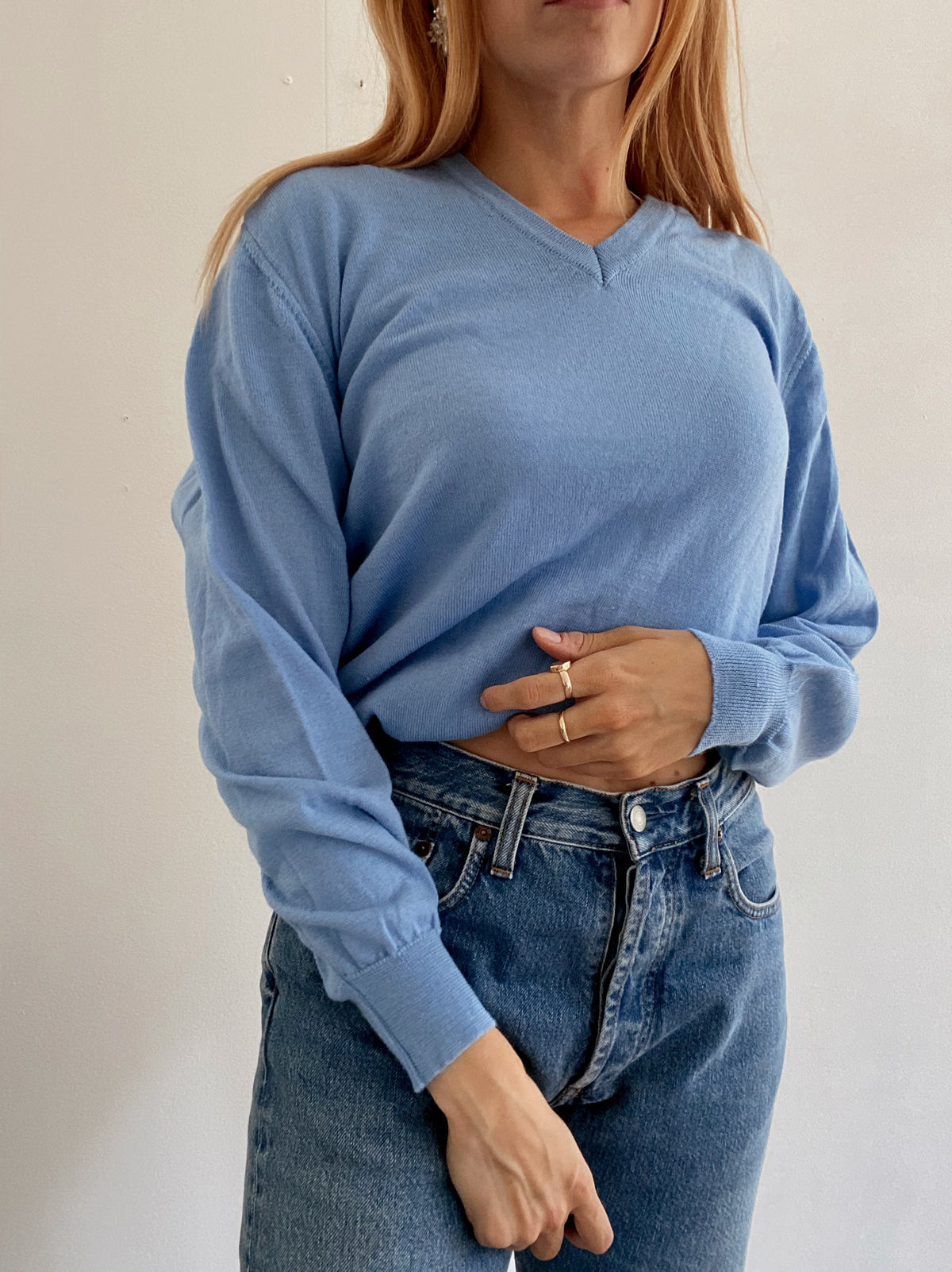 Pull vintage en maille bleu  M