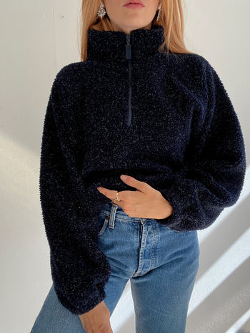 Pull polaire vintage bleu foncé chiné XL