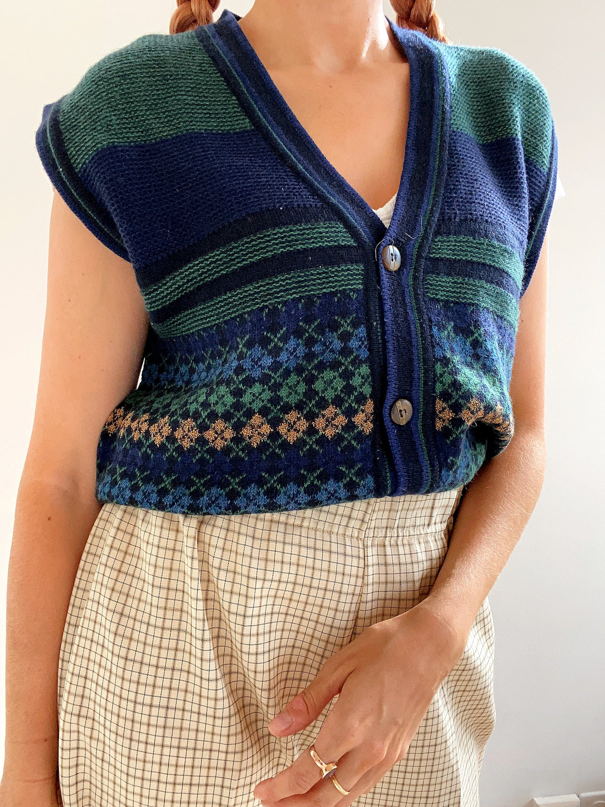 Gilet vintage en laine bleu foncé et vert L