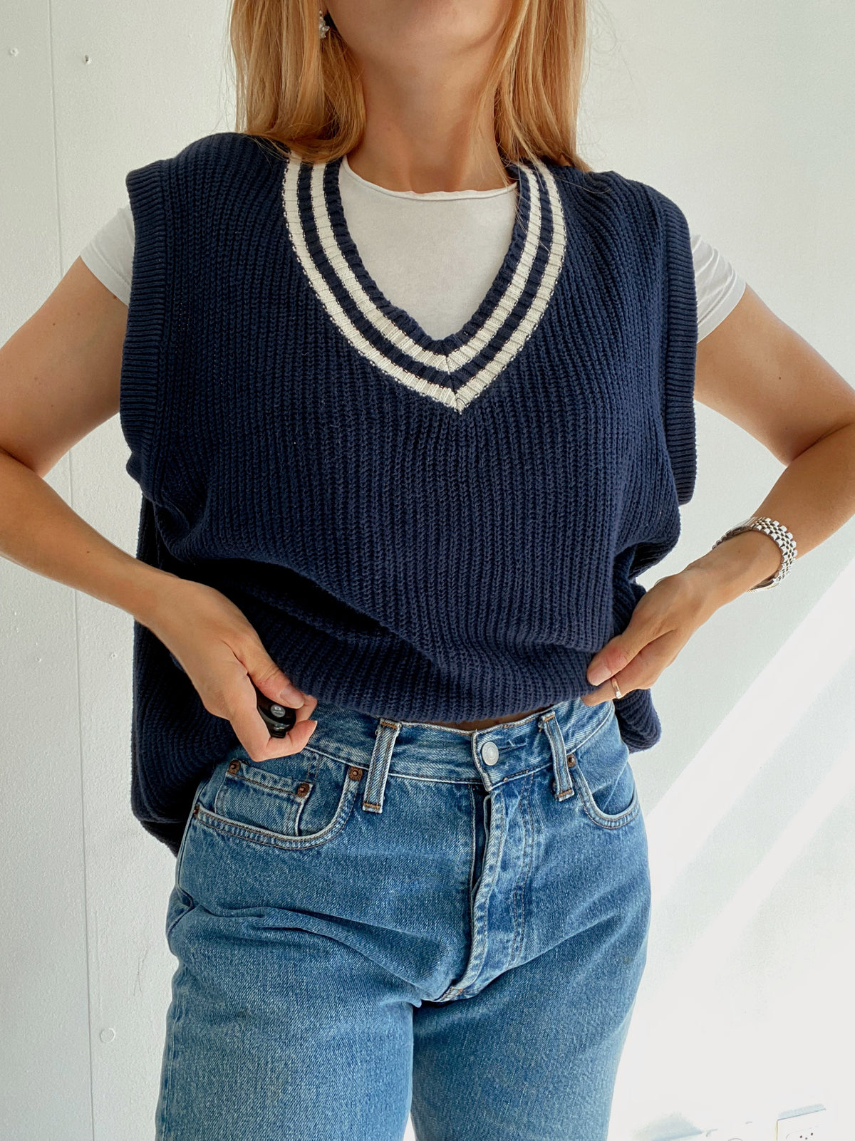 Gilet vintage sans manche en laine bleu foncé xL
