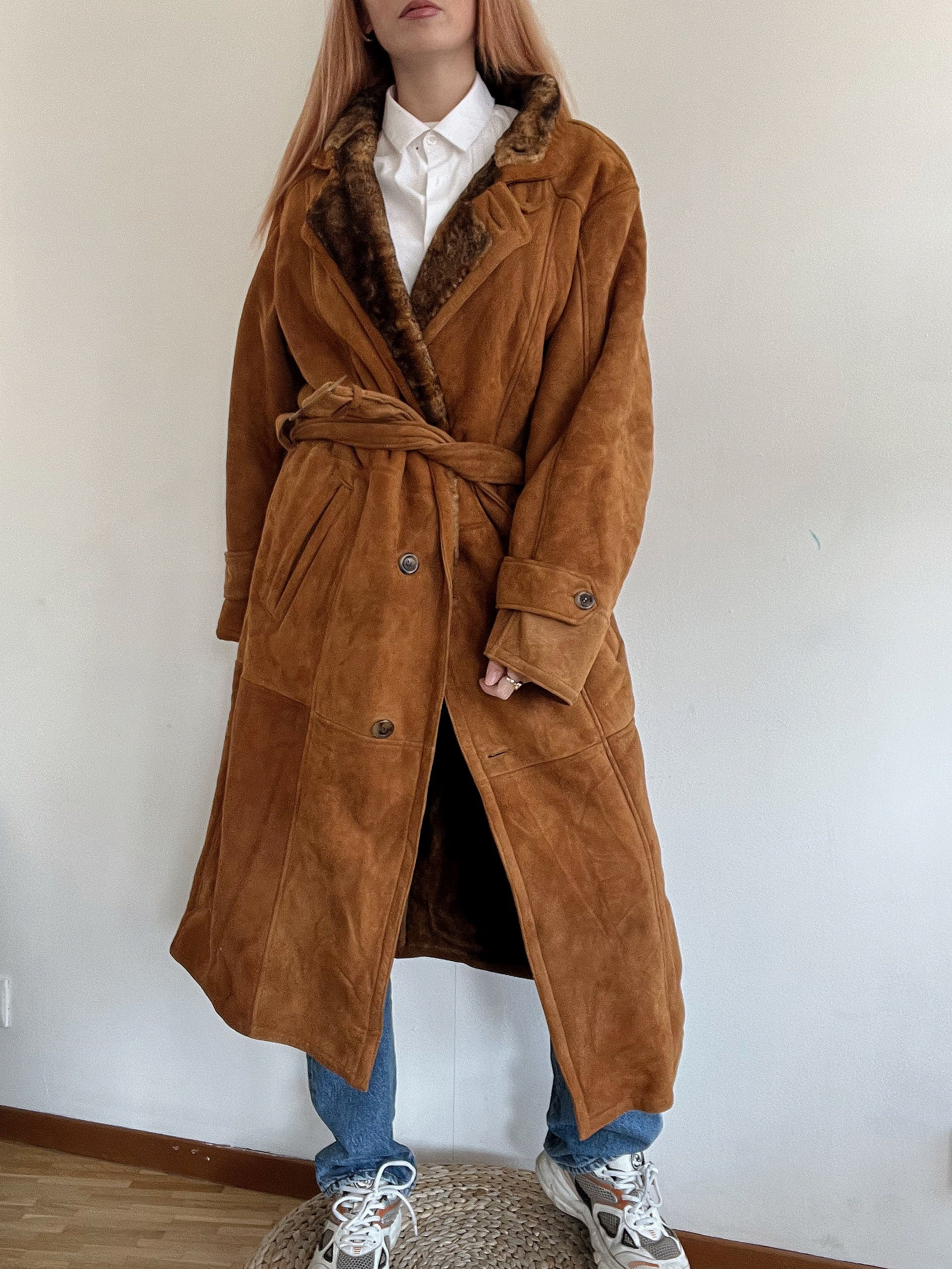 Brauner Wildleder-Lammfellmantel M/L 