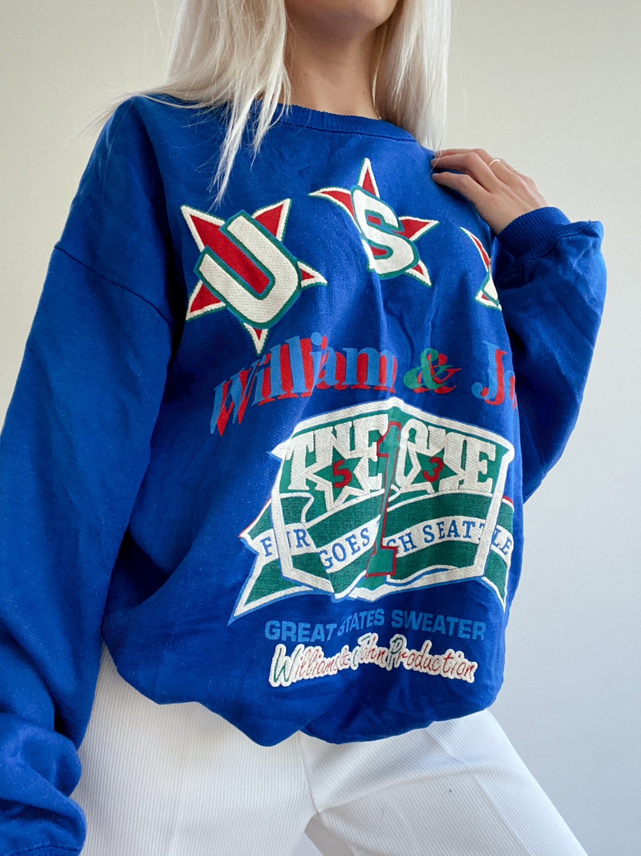 Pull USA vintage bleu et rouge XL