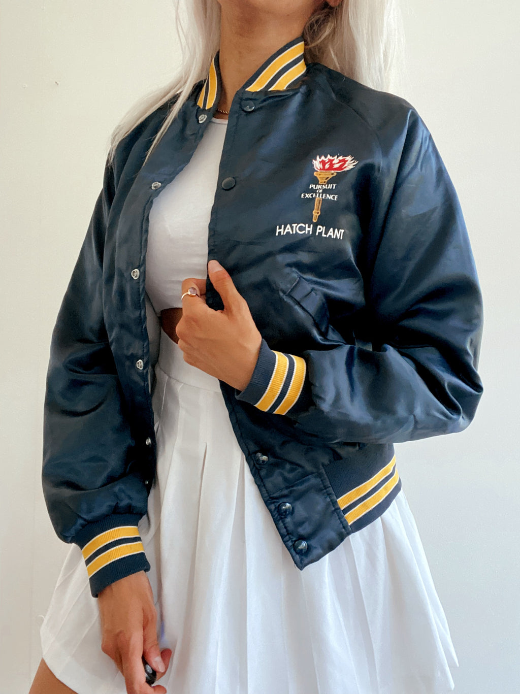 Dunkelblaue und gelbe College-Bomberjacke aus den USA