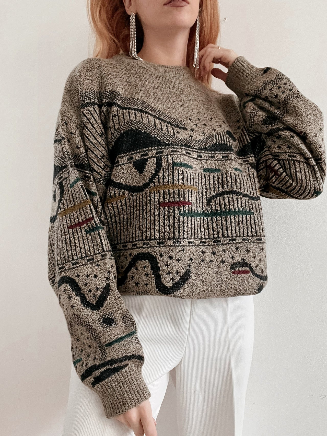 Pull vintage en laine taupe à motifs XL