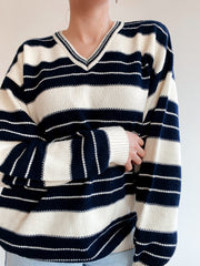 Vintage-Pullover aus cremefarbener und marineblauer Wolle