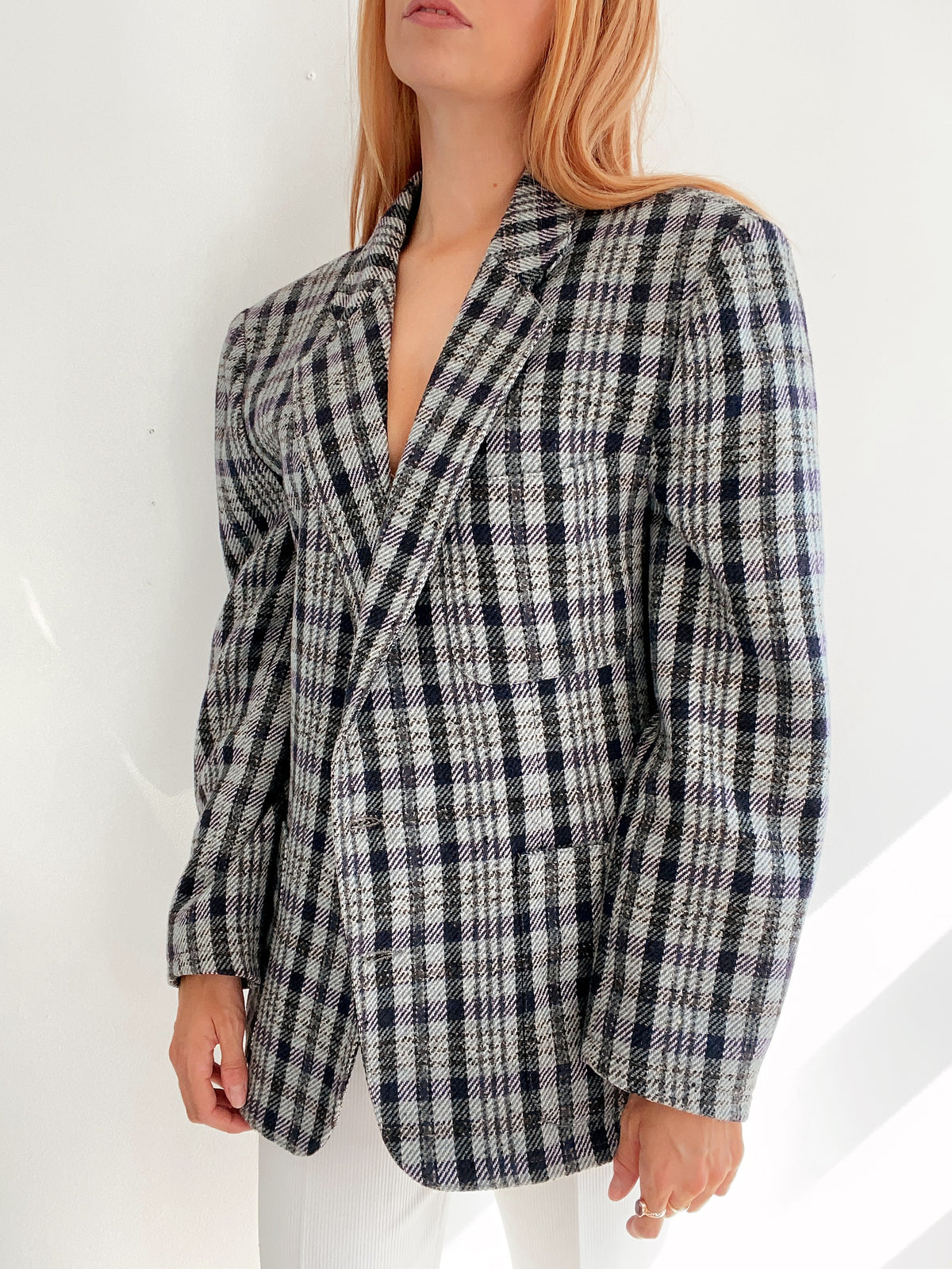 Veste blazer épaisse vintage grise à carreaux L/XL