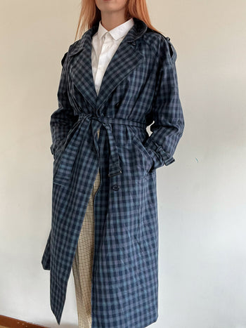 Trench coat vintage bleu foncé à carreaux M