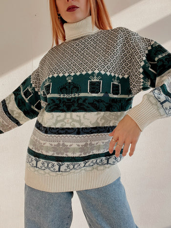 Pull vintage en laine blanc cassé et vert M/L