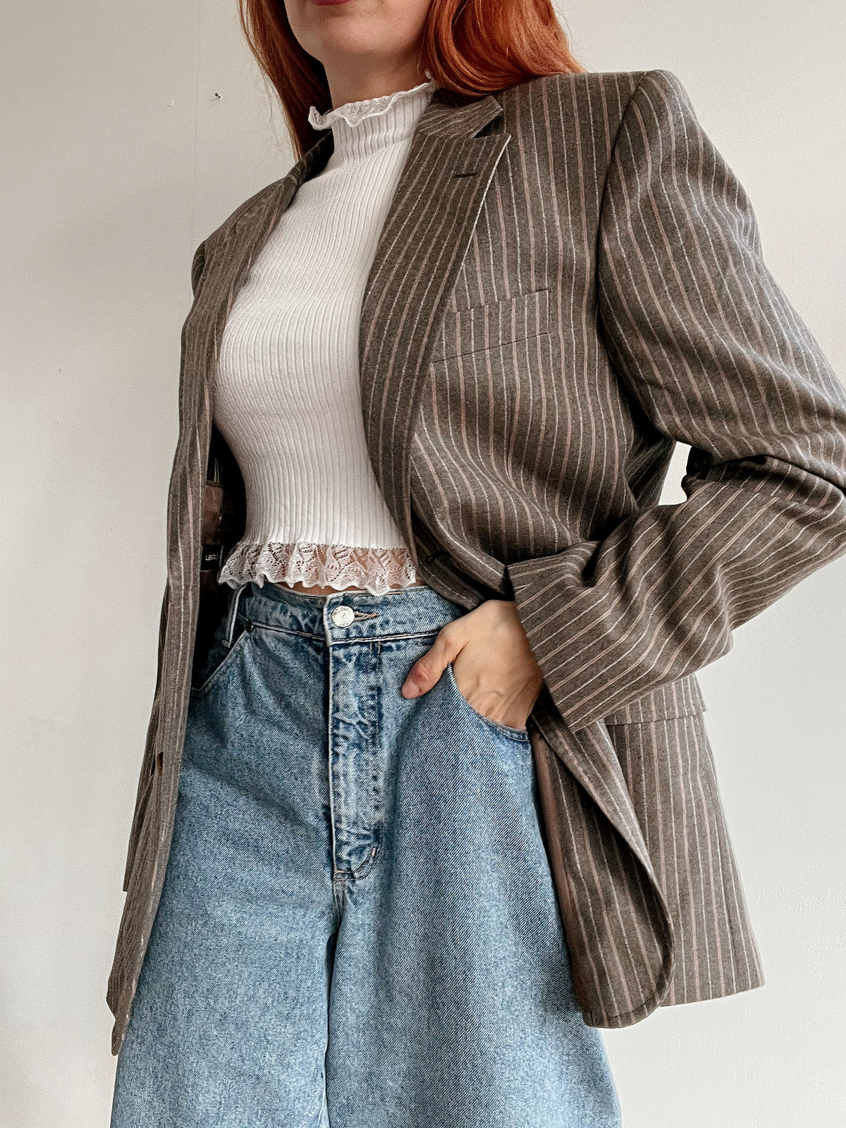 Veste blazer épaisse vintage taupe lignée M/L