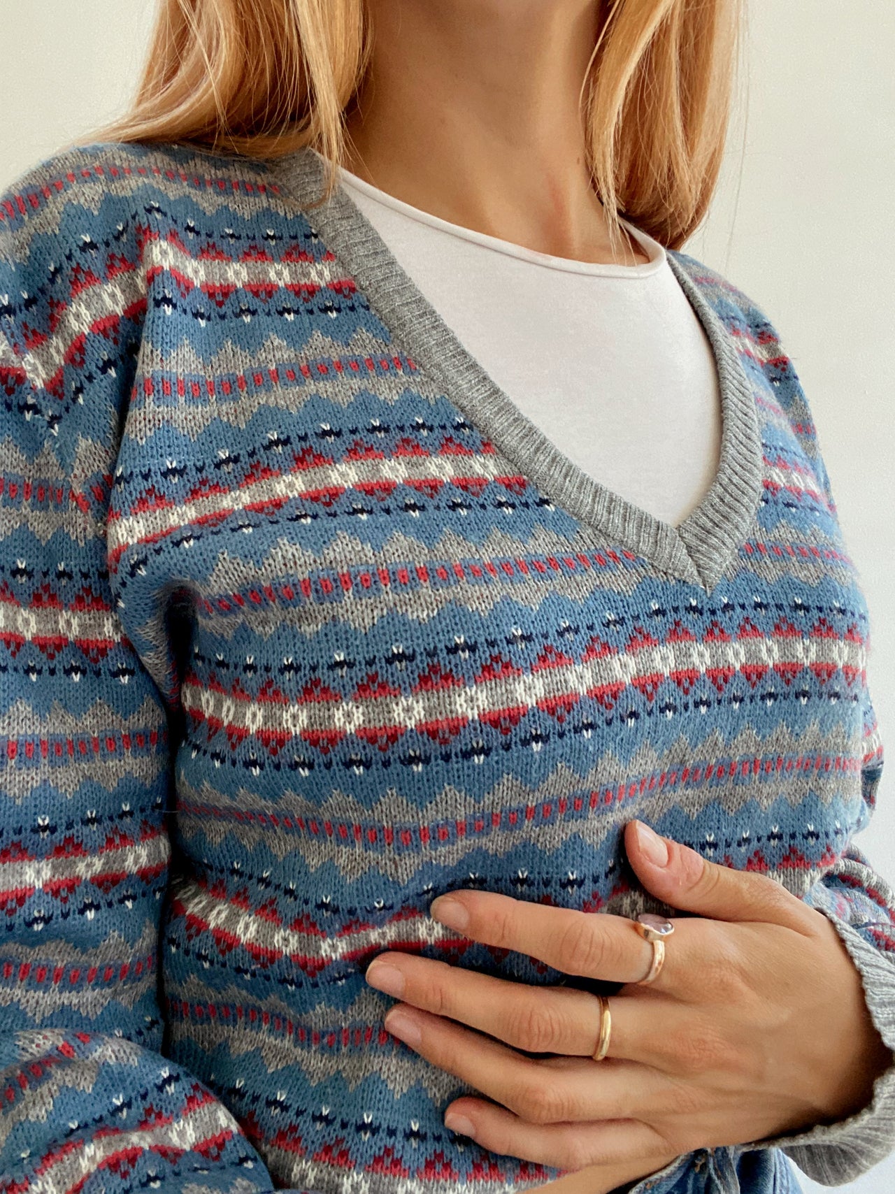 Pull vintage en maille bleu à motifs  M/L