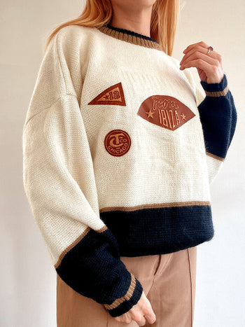 Pull vintage en laine blanc cassé et brun