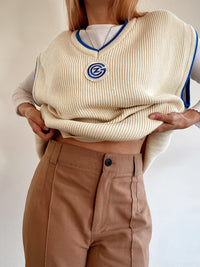 Gilet vintage sans manche blanc cassé et bleu