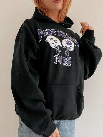 Pull vintage américain à capuche noir et violet XXL