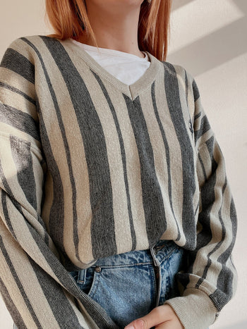 Pull vintage en laine gris et blanc cassé  M