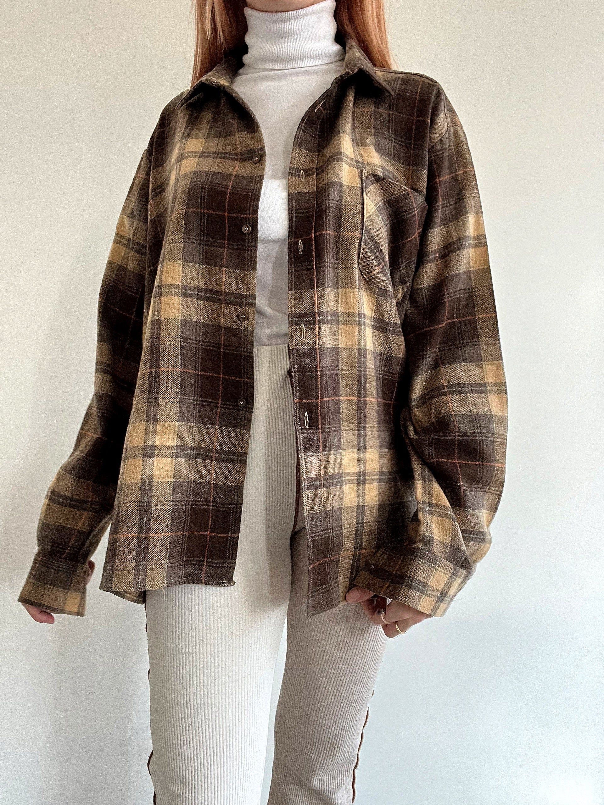 Chemise vintage brune à carreaux en laine L