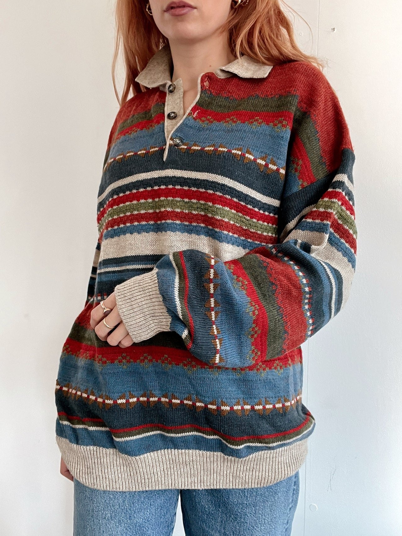 Pull vintage en laine  rouge et beige foncé M