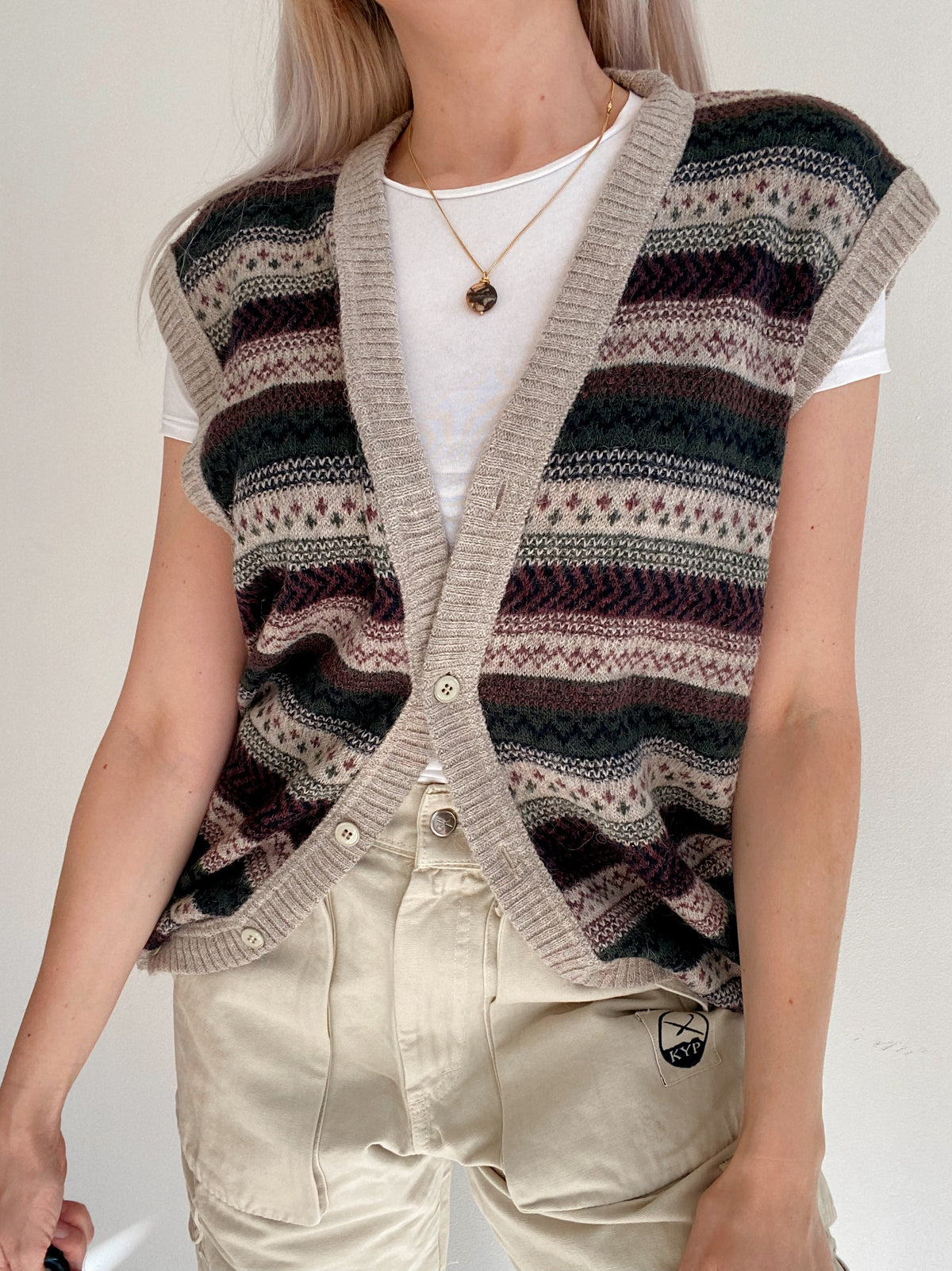 Gilet en laine à boutons beige et khaki  M
