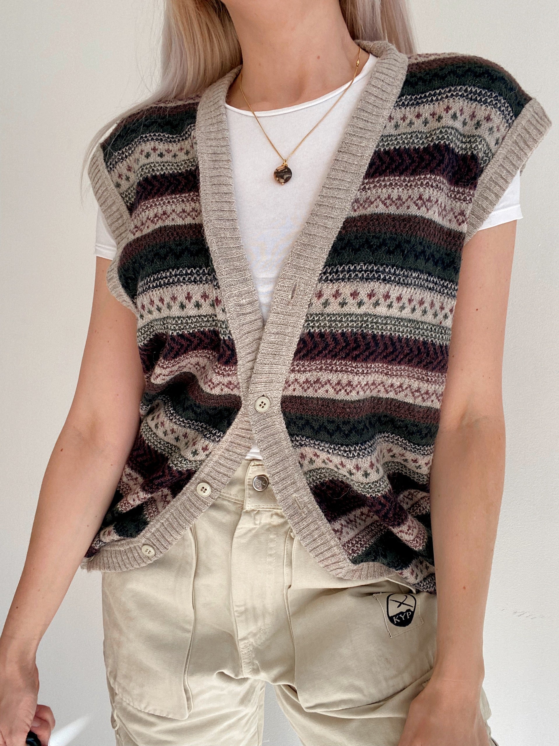 Gilet en laine à boutons beige et khaki  M
