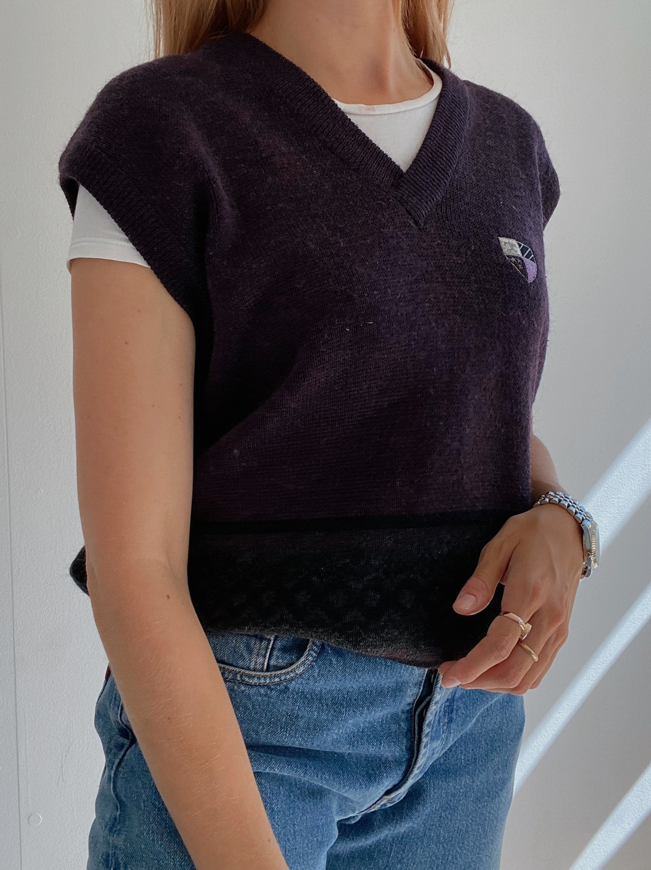 Gilet vintage sans manche en laine violet foncé