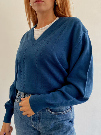 Pull vintage en maille bleu M/L