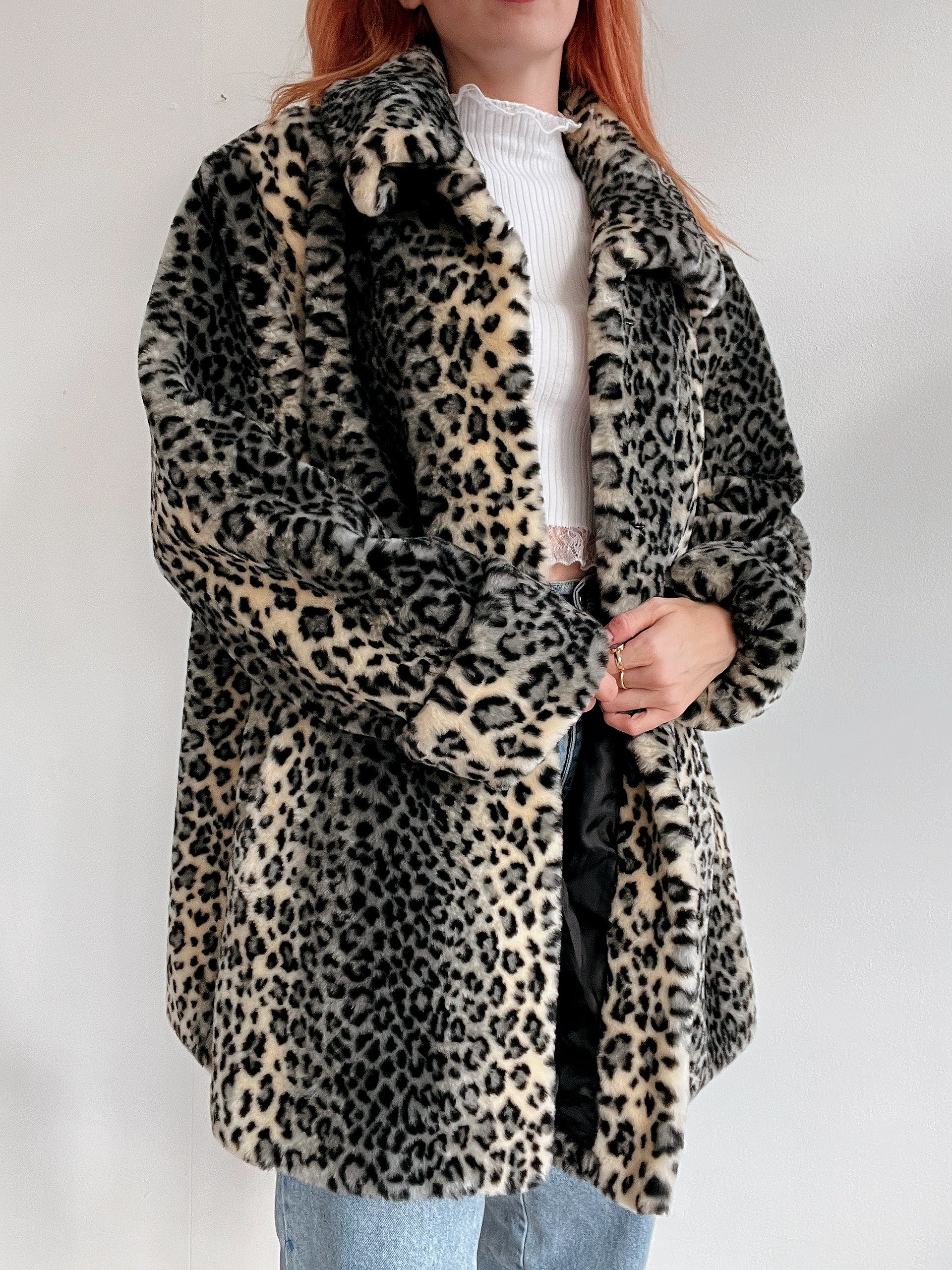 Vintage beige Leoparden-Kunstpelzmantel M/L