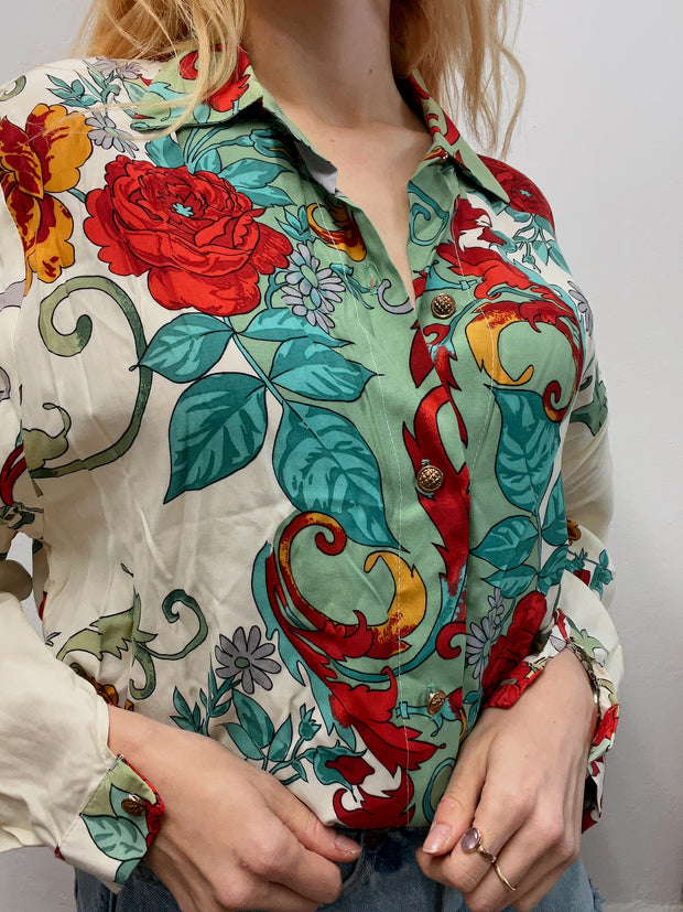 Chemise vintage 80’s 90’s beige à motifs verts L
