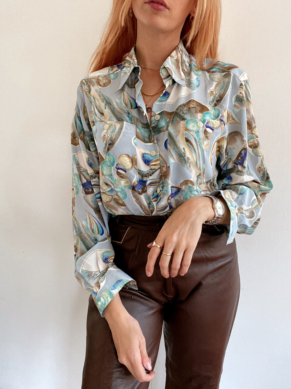 Chemise Vintage 80/90s à motifs beige et bleue S
