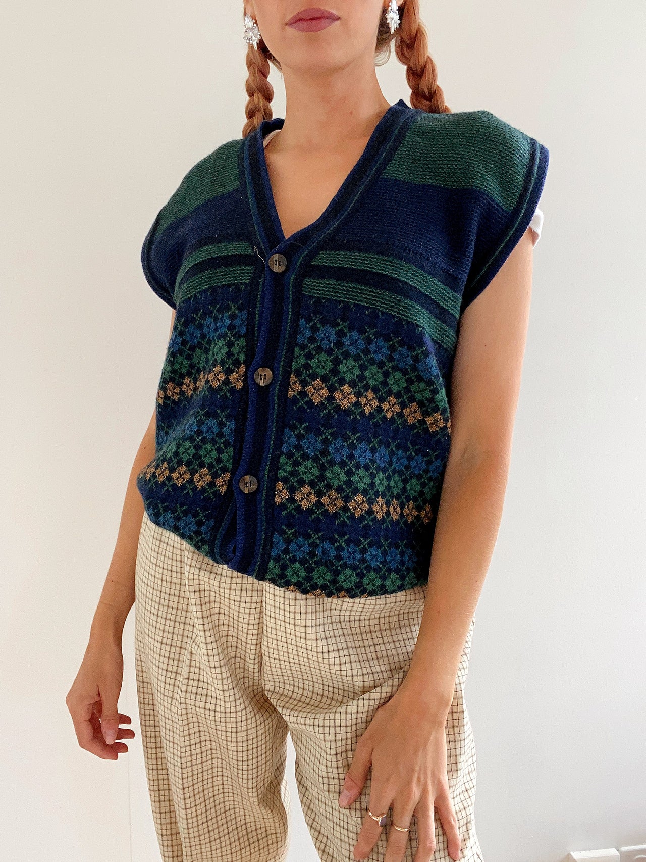 Gilet vintage en laine bleu foncé et vert L