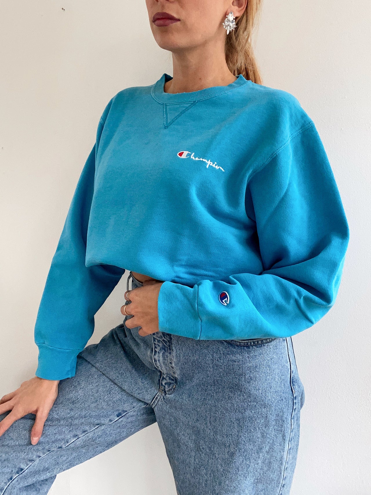 Pull vintage américain turquoise Champion L