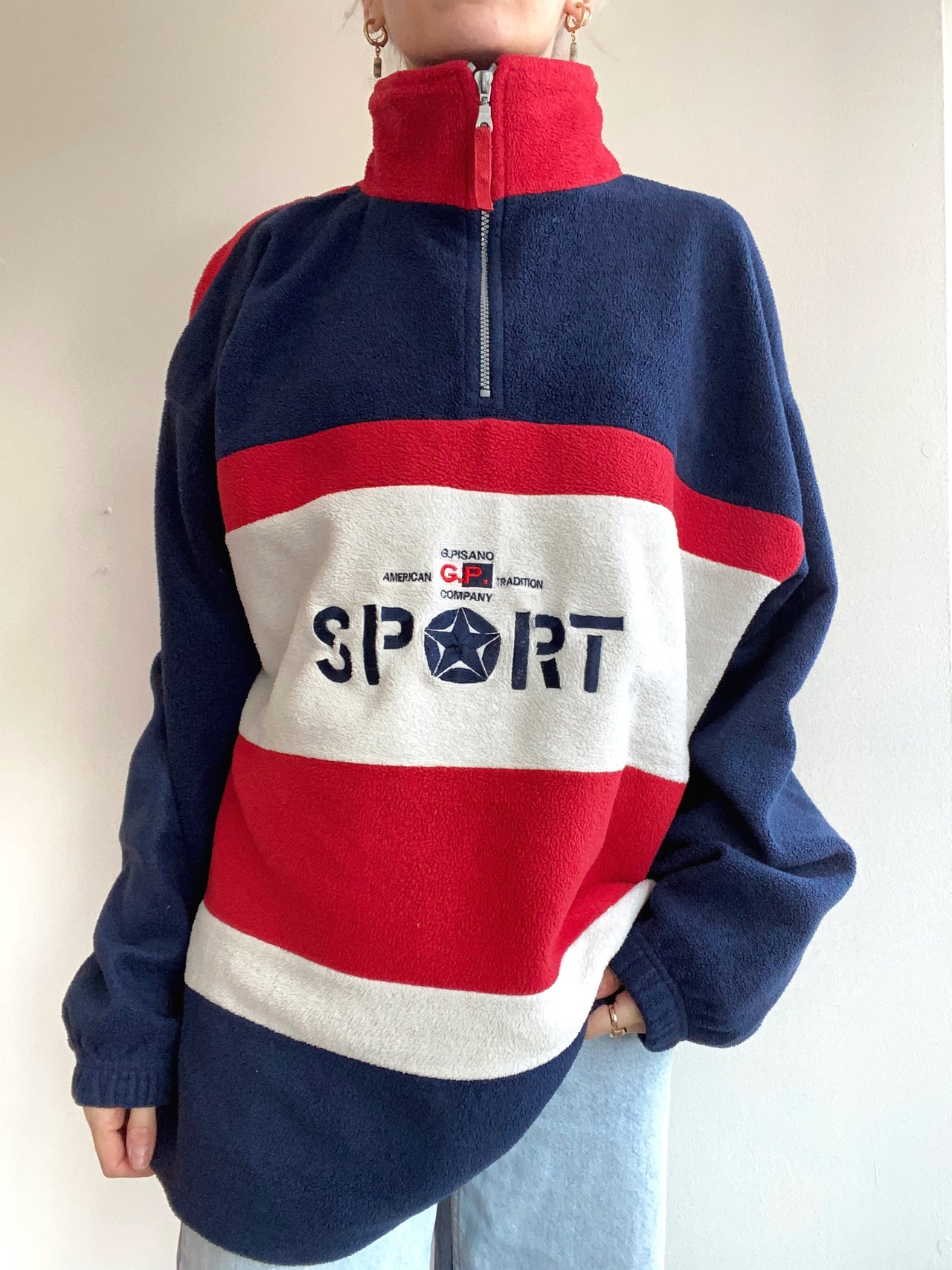 Polaire vintage bleue foncée/rouge USA Sport XXL