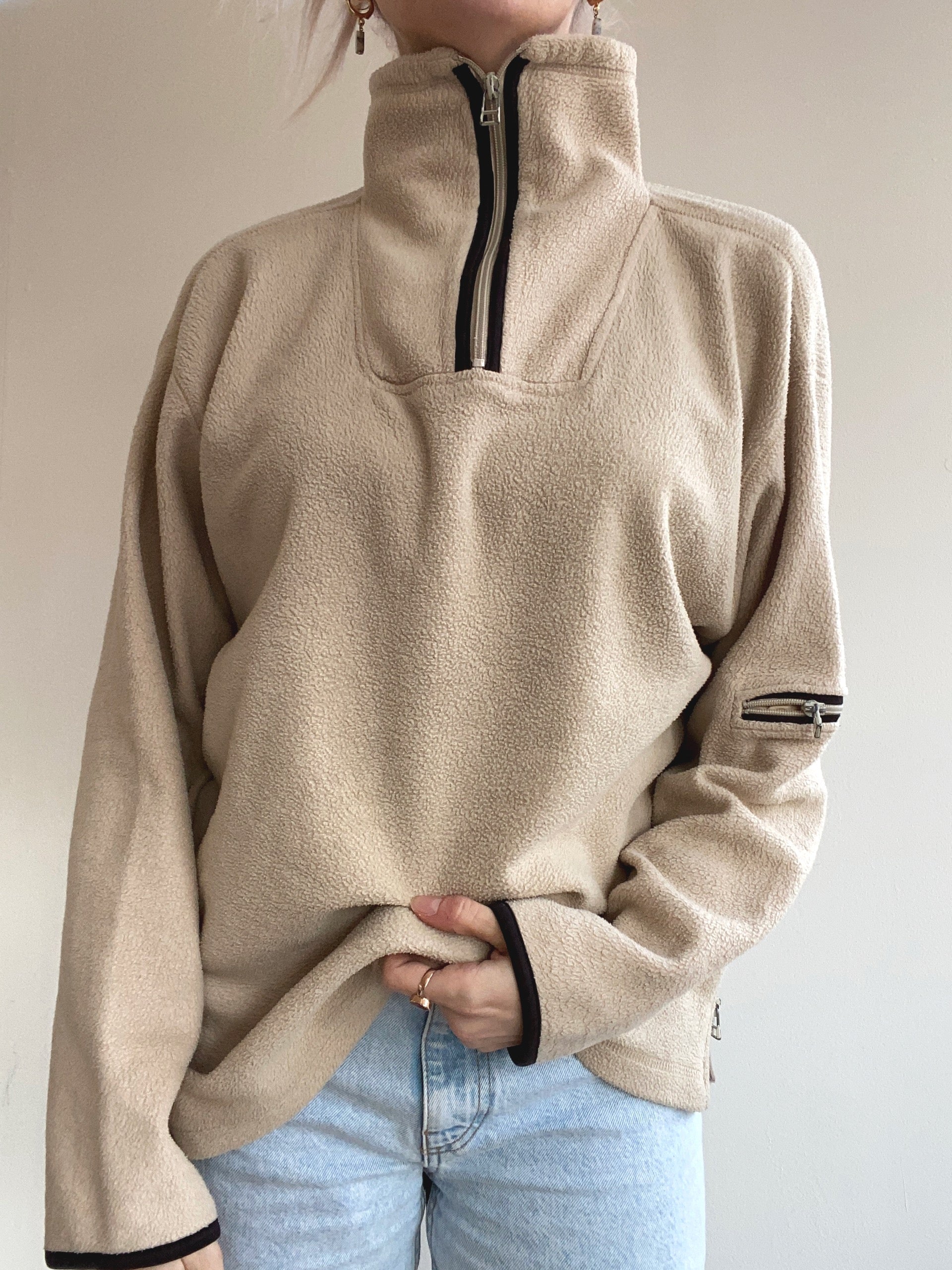 Beigefarbenes Fleece mit Reißverschluss L